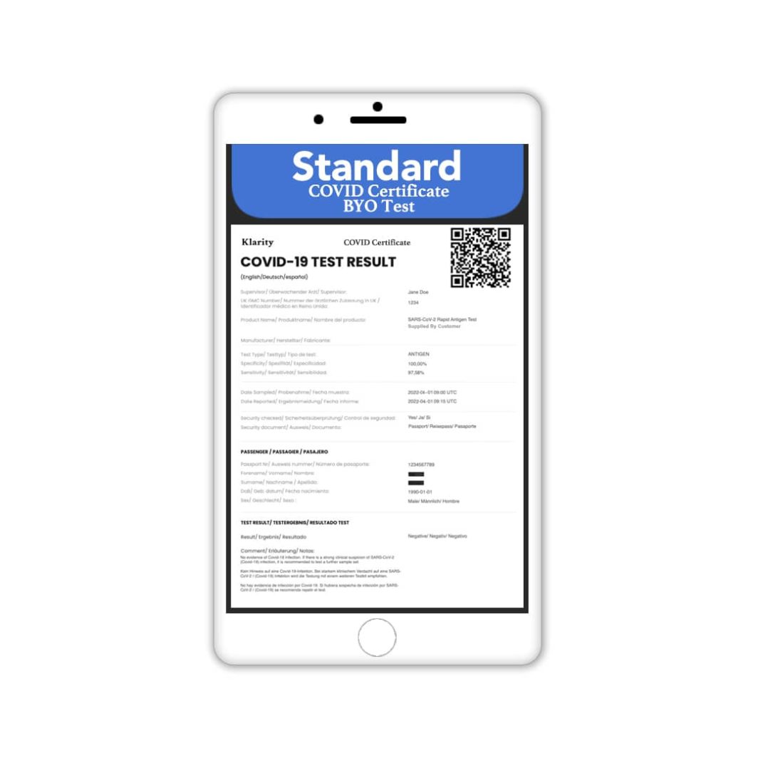 Order A Standard COVID Certificate Using A BYO Lateral Flow Test From Klarity.