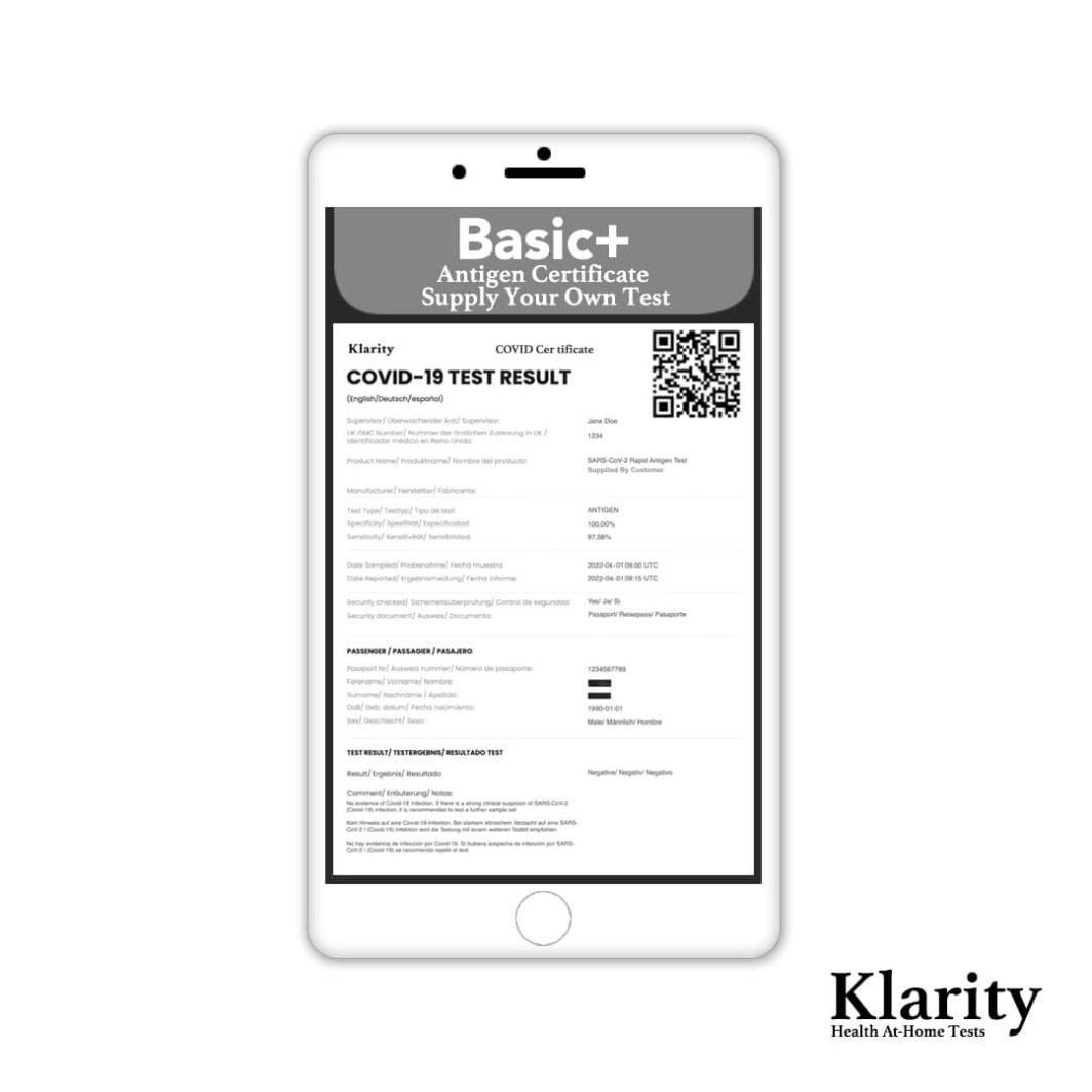 Klarity COVID Certificate For An Antigen Test Kit With A Basic Plus Klarity Online Guide.